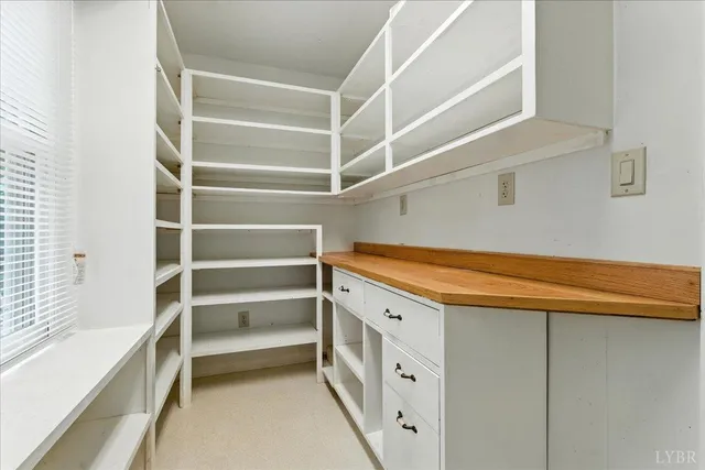 a storage room with cabinets