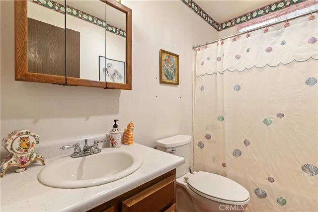 a bathroom with a sink a toilet and shower curtain
