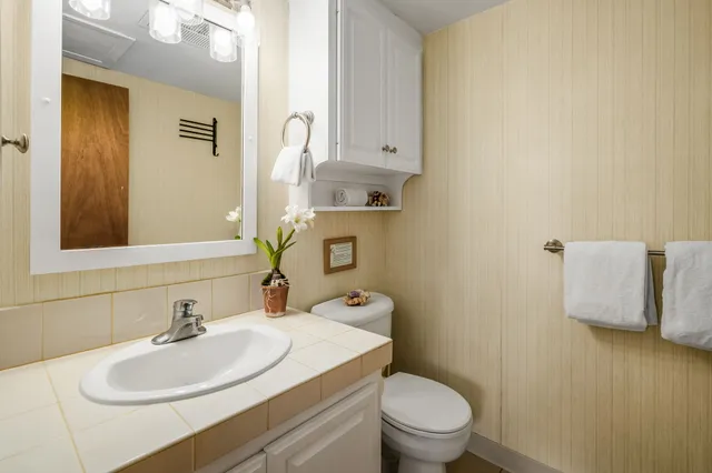 a bathroom with a sink a toilet and mirror