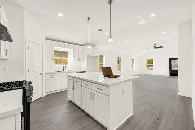 a kitchen with stainless steel appliances granite countertop a sink a stove and a wooden floor