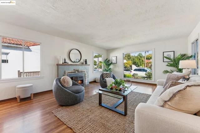 a living room with furniture a potted plant and a fireplace