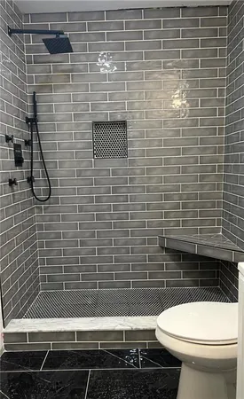 a bathroom with a toilet and a shower