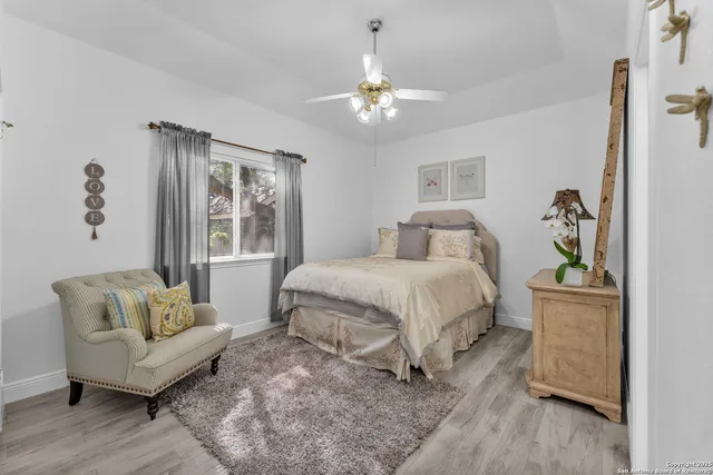 a view of a yard with plants and trees