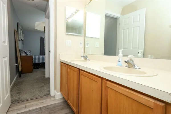 a bathroom with a sink and a mirror