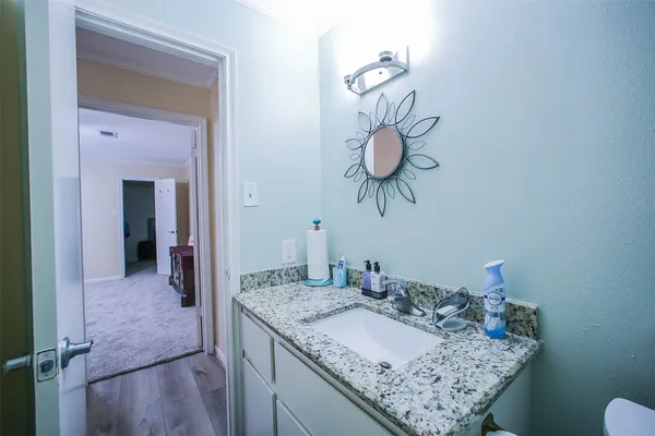 a bathroom with a granite countertop sink and a mirror
