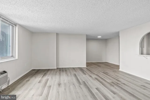 a view of a hallway with wooden floor and closet