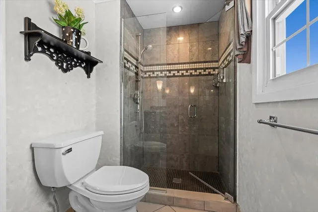 a bathroom with a shower a toilet and a mirror