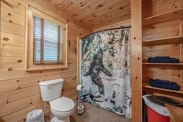 a bathroom with a toilet and a shower curtain