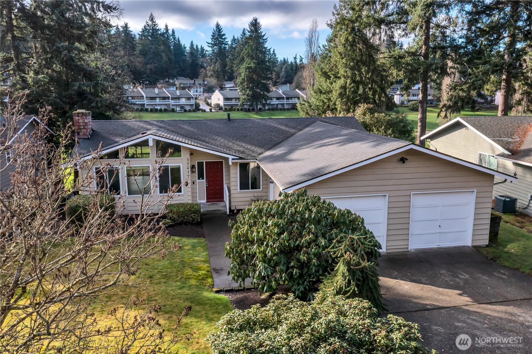 a aerial view of a house with a yard and large tree