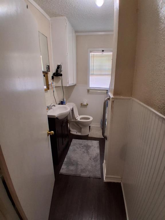 1015 East Morphy Street Fort Worth, TX 76104 - Photo 14 of 23 Bathroom with a textured ceiling, a wainscoted wall, vanity, dark wood finished floors, and crown molding