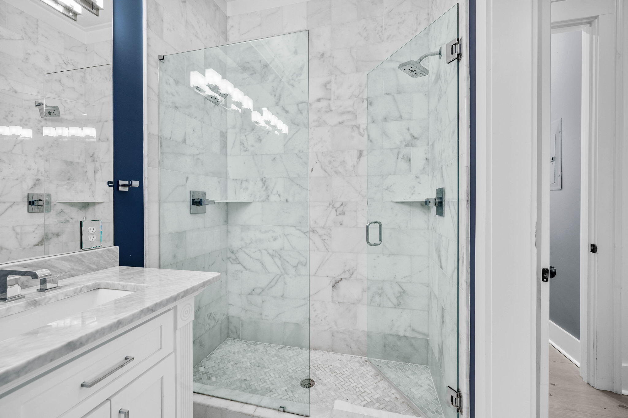 52 Pine Crest Circle Inlet Beach, FL 32461 - Photo 26 of 49 a bathroom with a granite countertop shower a mirror and a sink