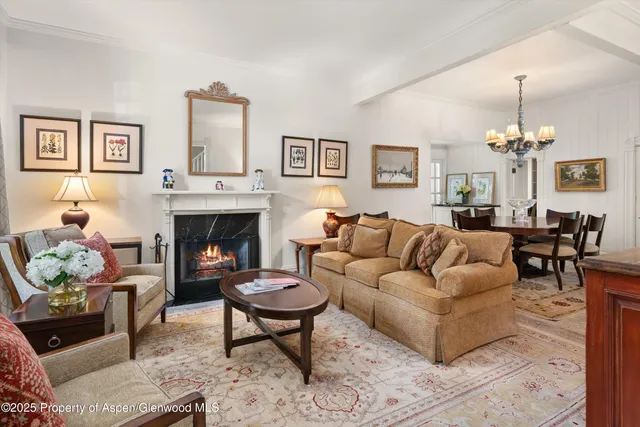 a living room with furniture a table and a fireplace
