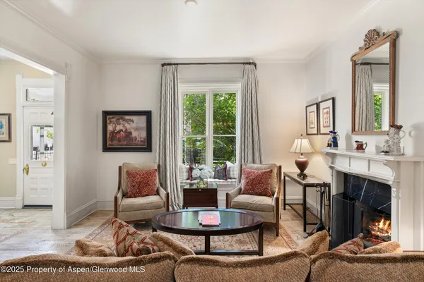 a living room with furniture a fireplace and a window