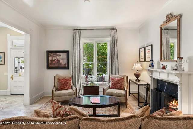 a living room with furniture a fireplace and a window