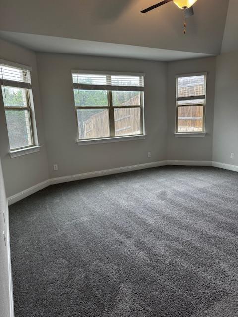 1432 Ridge Runner Drive Georgetown, TX 78628 - Photo 12 of 27 Unfurnished primary bedroom with a ceiling fan, dark colored carpet, and lofted ceiling