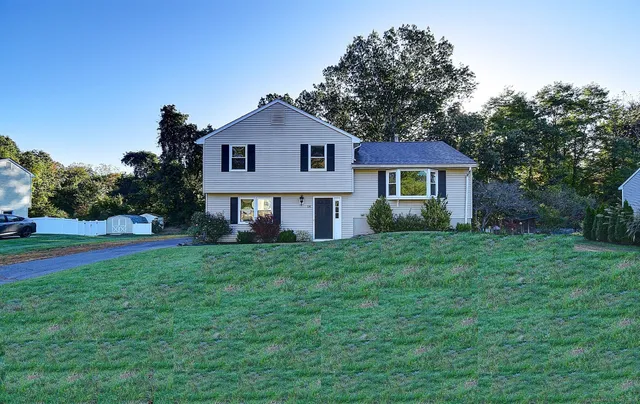 a front view of a house with a yard and trees