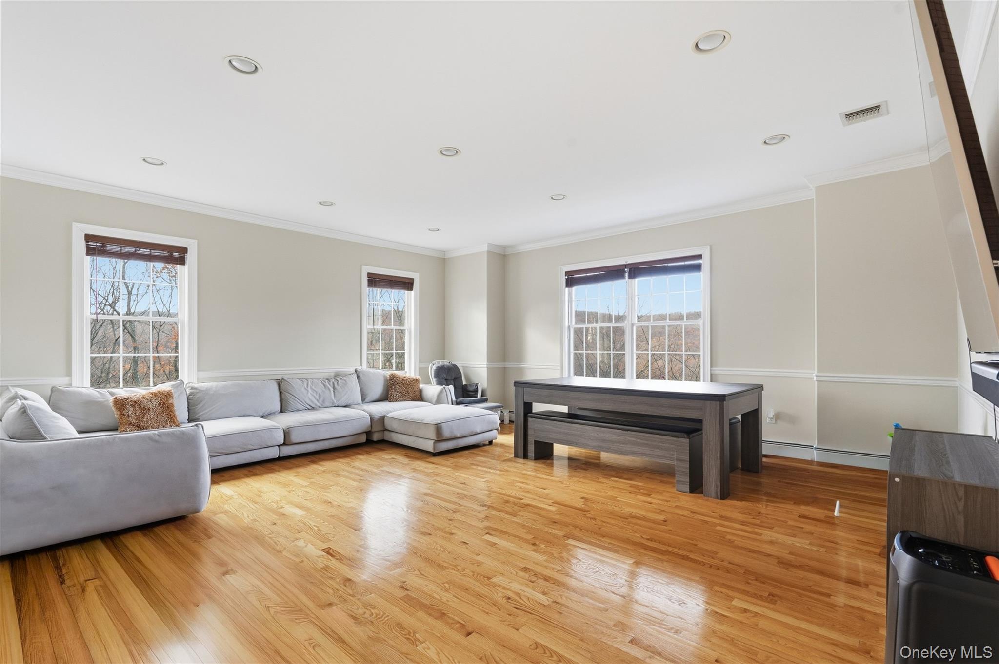 54 Pyngyp Road Stony Point, NY 10980 - Photo 20 of 28 Living room with ornamental molding, light wood-type flooring, a baseboard heating unit, and recessed lighting