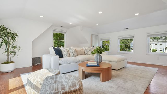 a living room with furniture and a potted plant