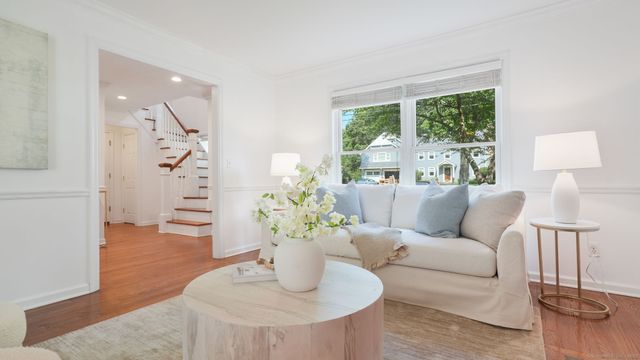 a living room with furniture and a potted plant