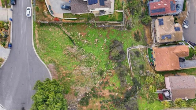 an aerial view of residential houses with outdoor space and trees