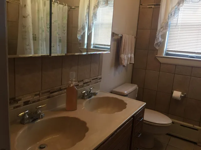 a bathroom with a sink toilet and mirror
