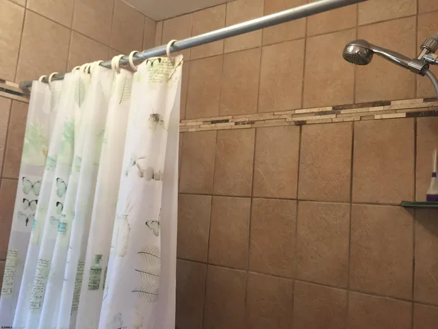 a bathroom with a shower and a sink