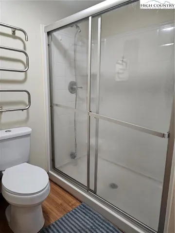 a bathroom with a shower and a toilet