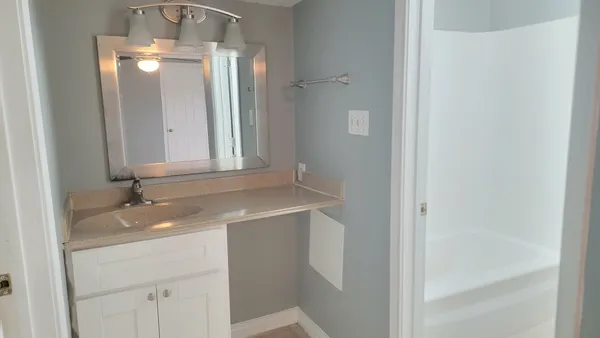 a bathroom with a sink and a mirror
