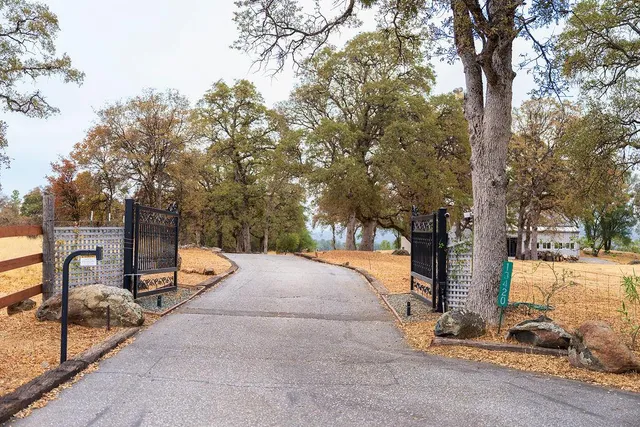 a view of a park with iron fence