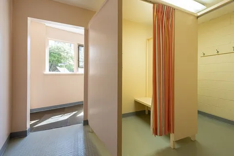 a view of a bathroom from a bathroom