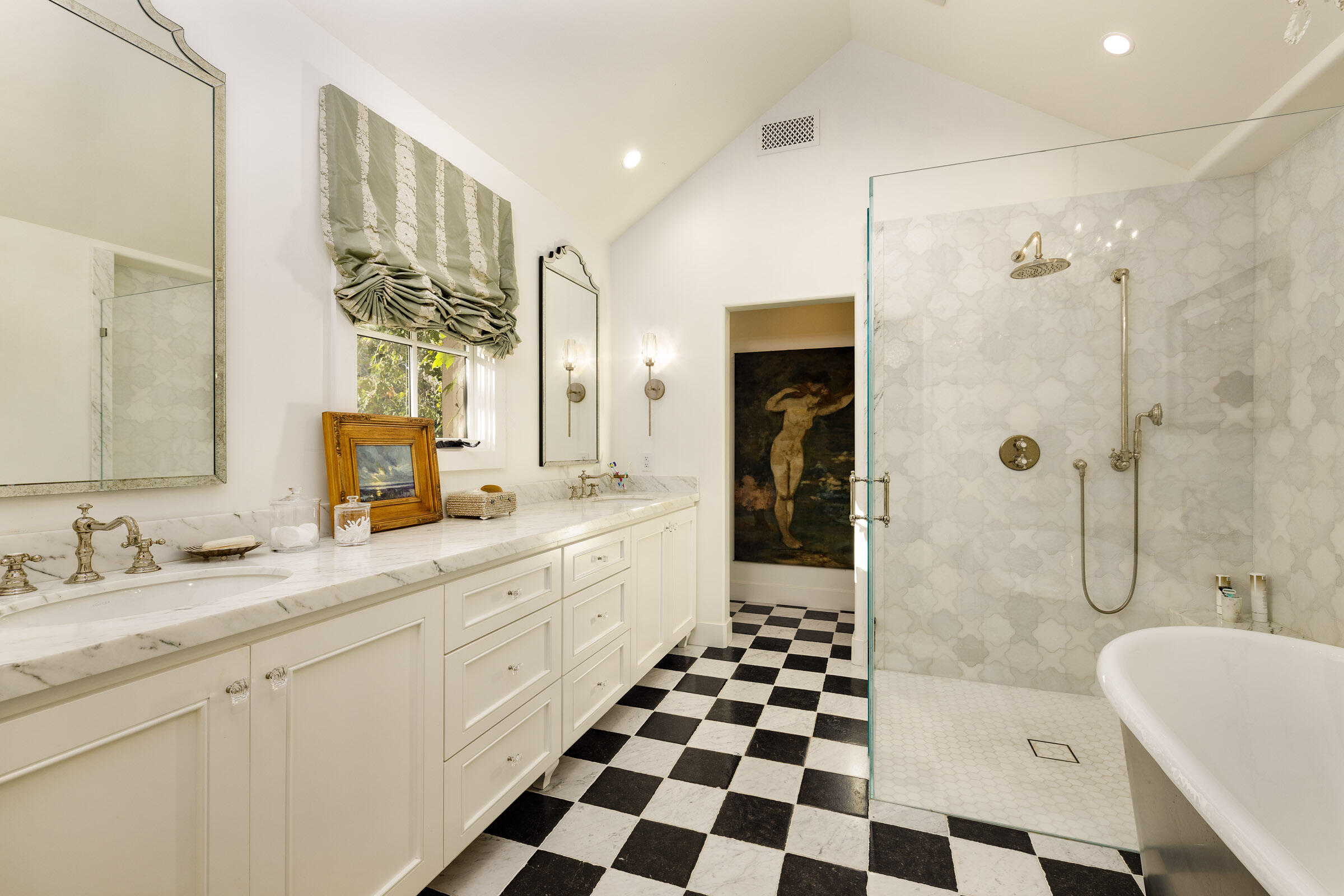 700 Mission Canyon Road Santa Barbara, CA 93105 - Photo 15 of 44 a bathroom with a double vanity sink a toilet a shower and a mirror