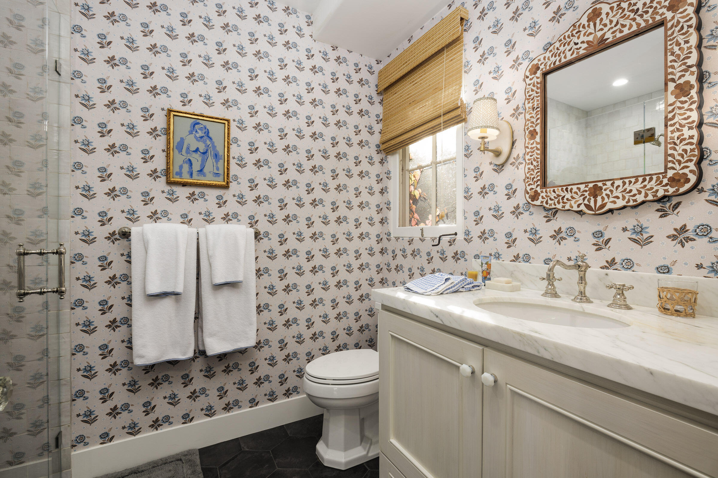 700 Mission Canyon Road Santa Barbara, CA 93105 - Photo 17 of 44 a bathroom with a granite countertop toilet sink and mirror