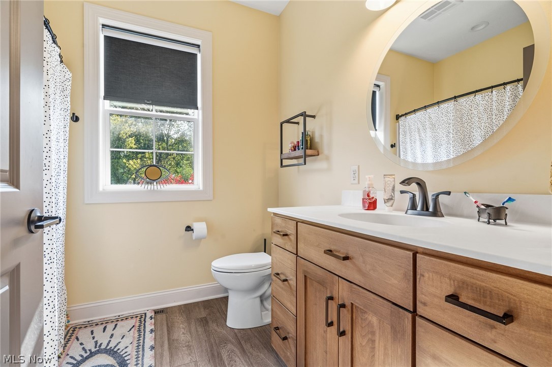 421 Pontius Road Mogadore, OH 44260 - Photo 20 of 50 Wood-finish flooring, single vanity with a white countertop, wood cabinetry, and a circular mirror