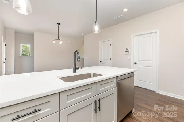 a kitchen with a sink and dishwasher with wooden floor