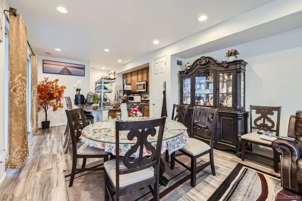 a view of a dining room with furniture