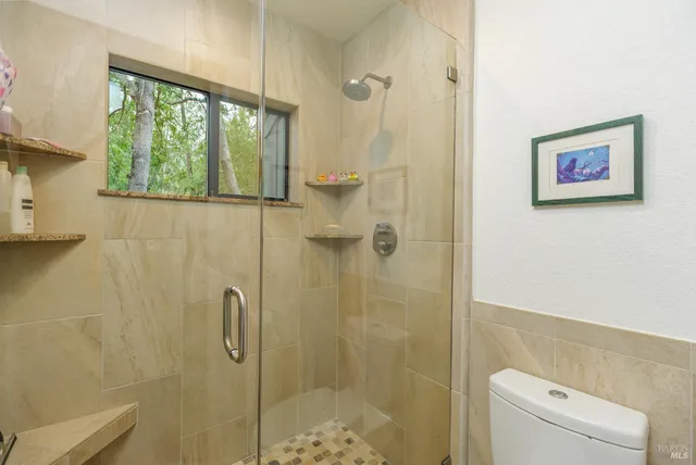 a bathroom with a shower and a toilet