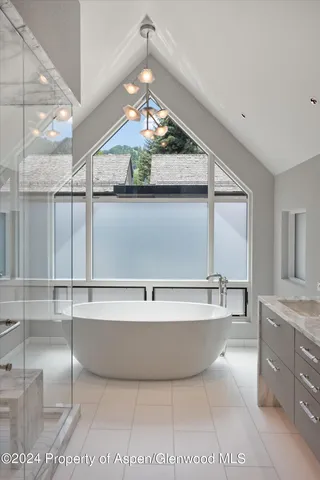 a view of a bathtub in a room