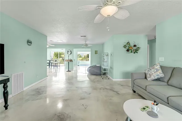 a view of a swimming pool with a garden and plants