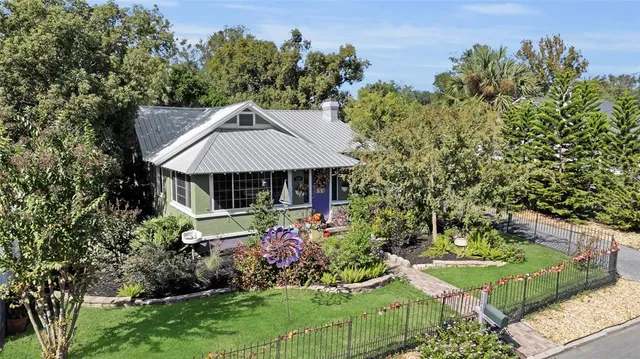 a garden view with a seating space