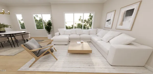 a living room with couches and a dining table with rug