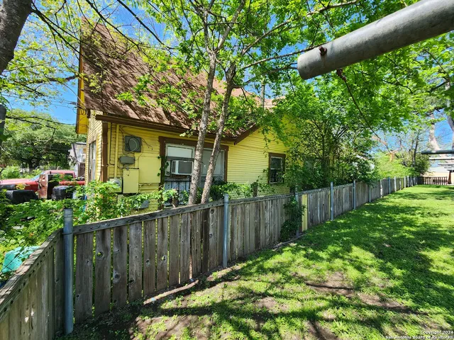 a view of a backyard with plants and large trees