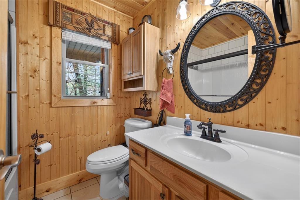 88 Crest Road Blairsville, GA 30512 - Photo 21 of 75 a bathroom with a sink a mirror a toilet and a sink
