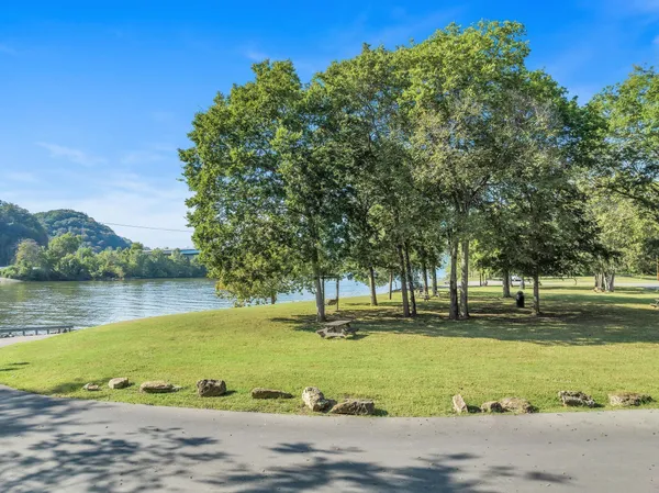 a view of a lake with a city