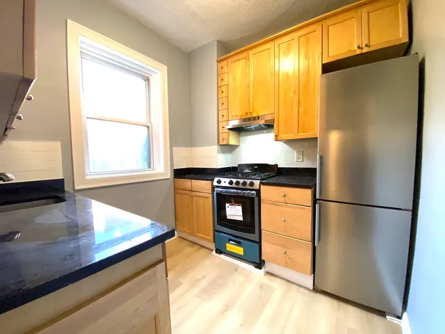 a kitchen with stainless steel appliances granite countertop a refrigerator a sink and a stove