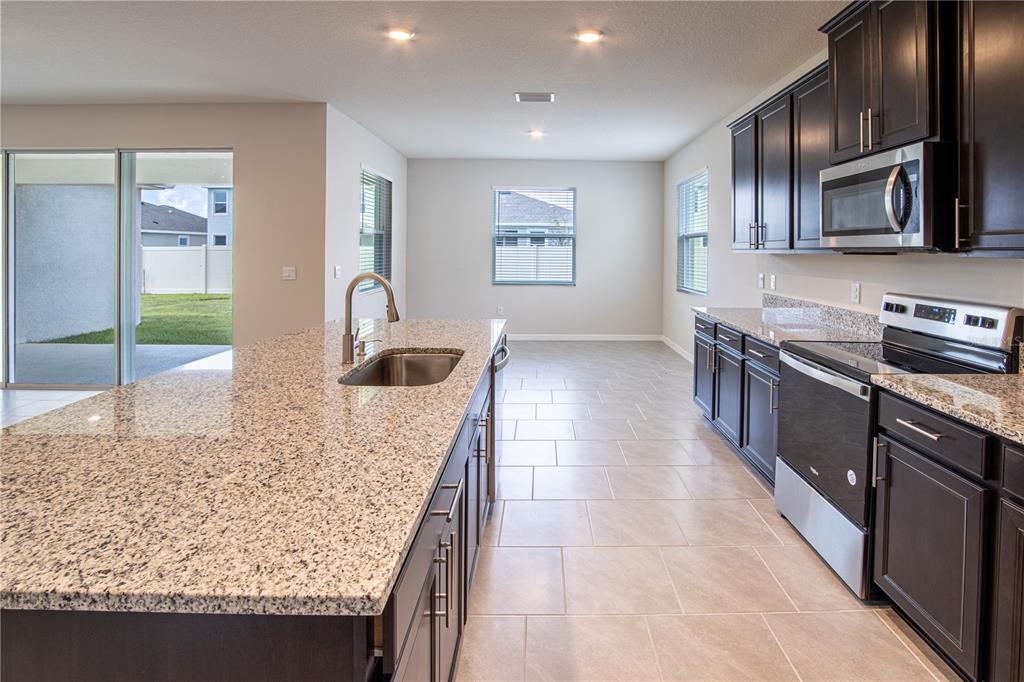 32183 Conchshell Sail Street Wesley Chapel, FL 33545 - Photo 19 of 45 a kitchen with stainless steel appliances granite countertop a sink and a stove