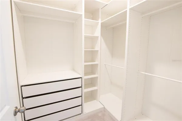 a close up view of walk in closet with empty racks