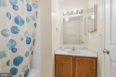 a bathroom with a sink and mirror with shower curtain