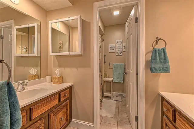 a bathroom with a sink a mirror and a shower