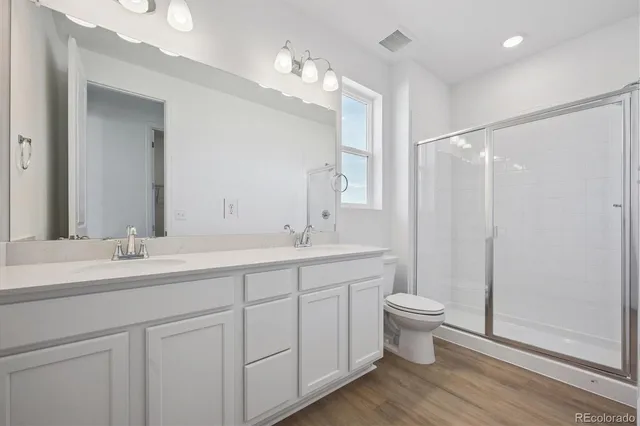 a bathroom with a double vanity sink toilet and a mirror