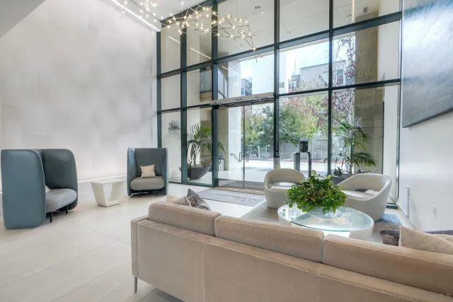 a living room with furniture and a potted plant